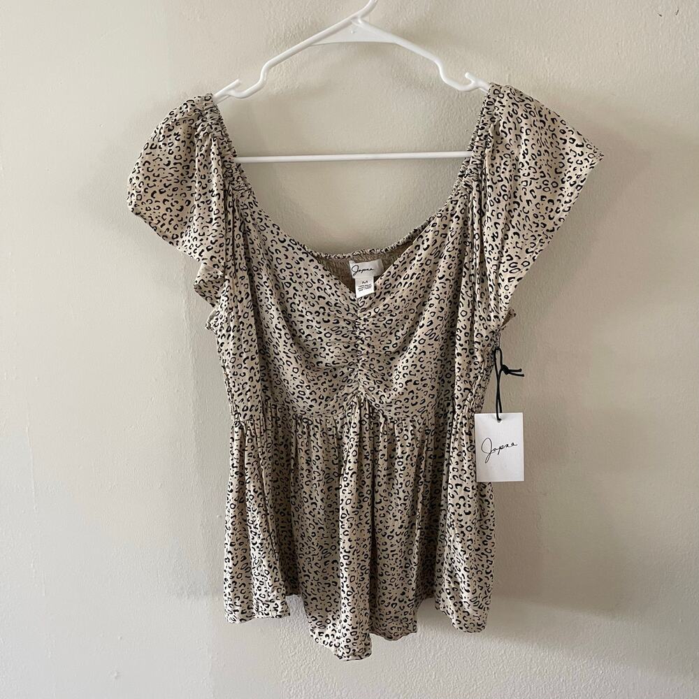 Japna Cheetah Print Smocked Peplum Top Flutter Sleeve Medium M NWT 19973P